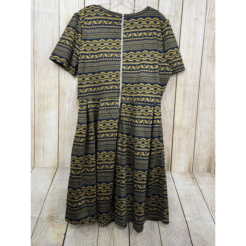 NWT LuLaRoe Amelia Dress 3XL Blue Gold Aztec Geometric Fit Flare Pleated Office - Picture 6 of 8
